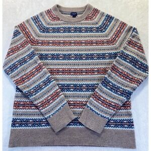 J Crew Mens L Striped Lambs Wool Sweater Beige Blue Orange Academia Dad